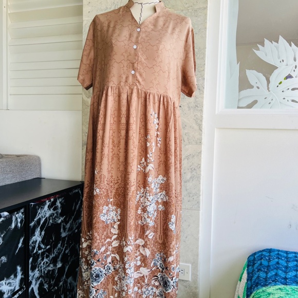 Bronze Color Button Front Dress, Mandarin Collar Dress - Picture 6 of 8